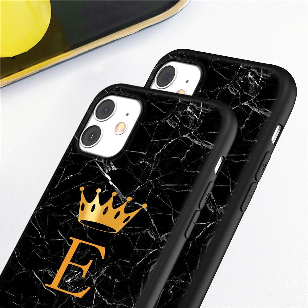 Étui de téléphone à la mode en silicone souple noir marbré de luxe avec lettre couronne pour iPhone 13 Pro Max 13 Mini Étui antichoc Mince et ajusté Housse arrière de téléphone portable noire