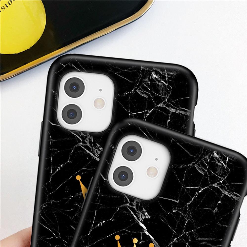 Étui de téléphone à la mode en silicone souple noir marbré de luxe avec lettre couronne pour iPhone 13 Pro Max 13 Mini Étui antichoc Mince et ajusté Housse arrière de téléphone portable noire