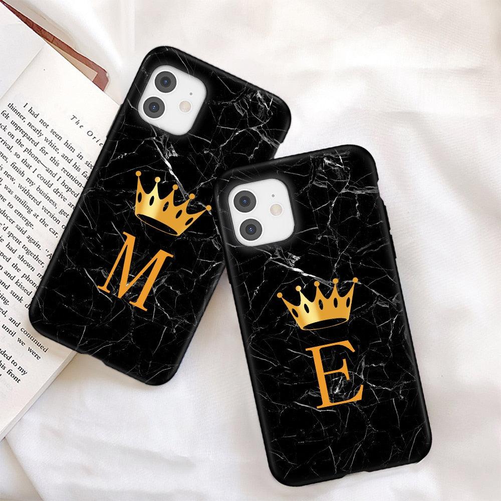 Étui de téléphone à la mode en silicone souple noir marbré de luxe avec lettre couronne pour iPhone 13 Pro Max 13 Mini Étui antichoc Mince et ajusté Housse arrière de téléphone portable noire