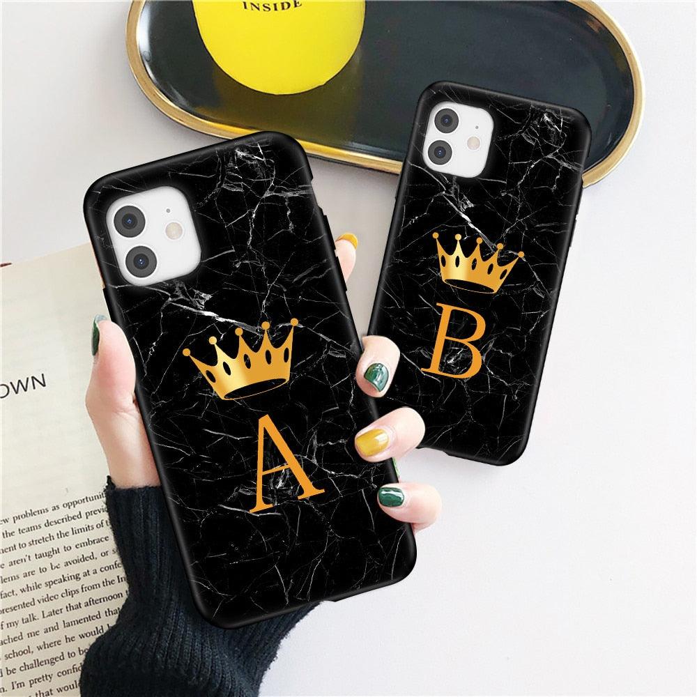 Étui de téléphone à la mode en silicone souple noir marbré de luxe avec lettre couronne pour iPhone 13 Pro Max 13 Mini Étui antichoc Mince et ajusté Housse arrière de téléphone portable noire