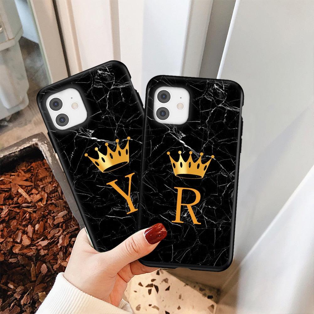 Étui de téléphone à la mode en silicone souple noir marbré de luxe avec lettre couronne pour iPhone 13 Pro Max 13 Mini Étui antichoc Mince et ajusté Housse arrière de téléphone portable noire