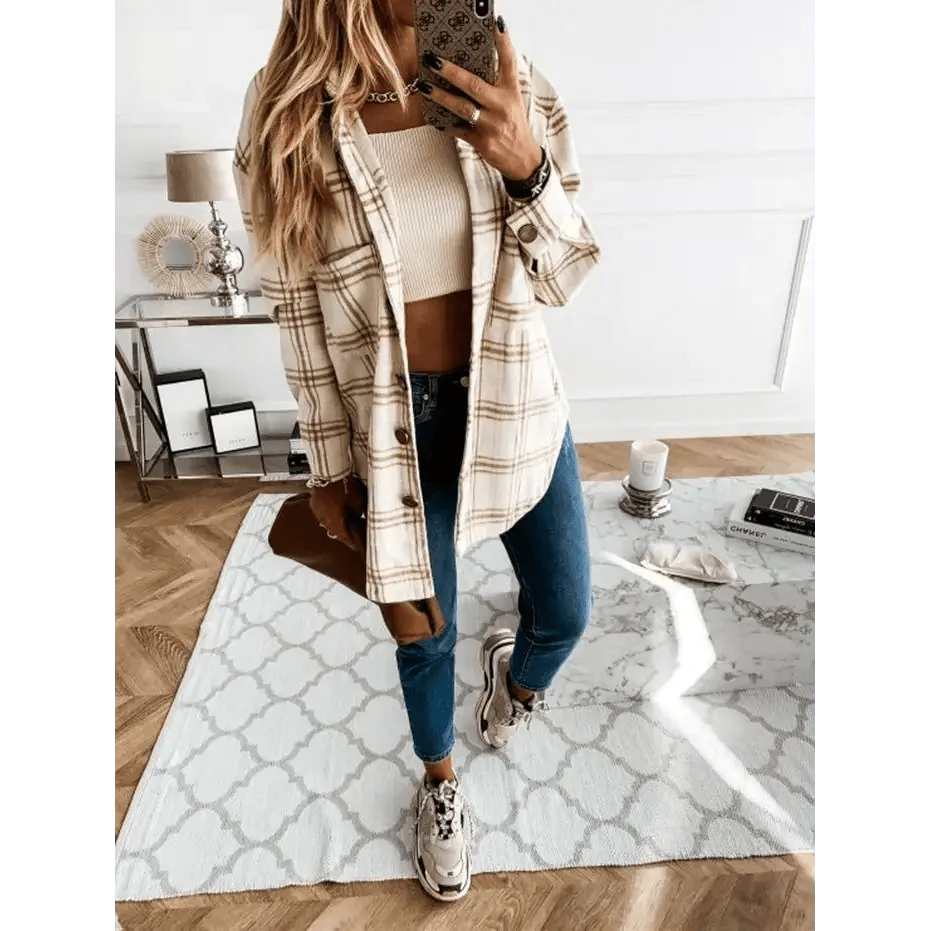 Manteau chemise à carreaux à manches longues pour femmes, luxueux et tendance, haut décontracté à revers, pour printemps et automne, cardigans, vestes, vêtements d'extérieur, streetwear