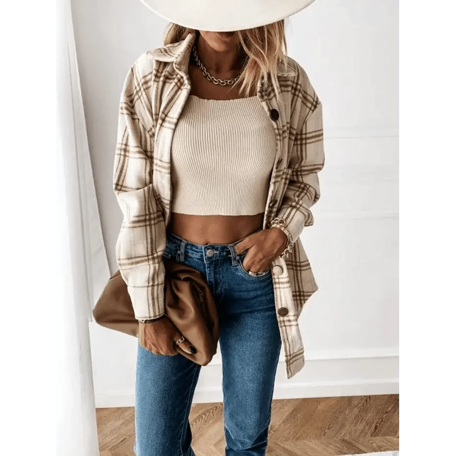 Manteau chemise à carreaux à manches longues pour femmes, luxueux et tendance, haut décontracté à revers, pour printemps et automne, cardigans, vestes, vêtements d'extérieur, streetwear