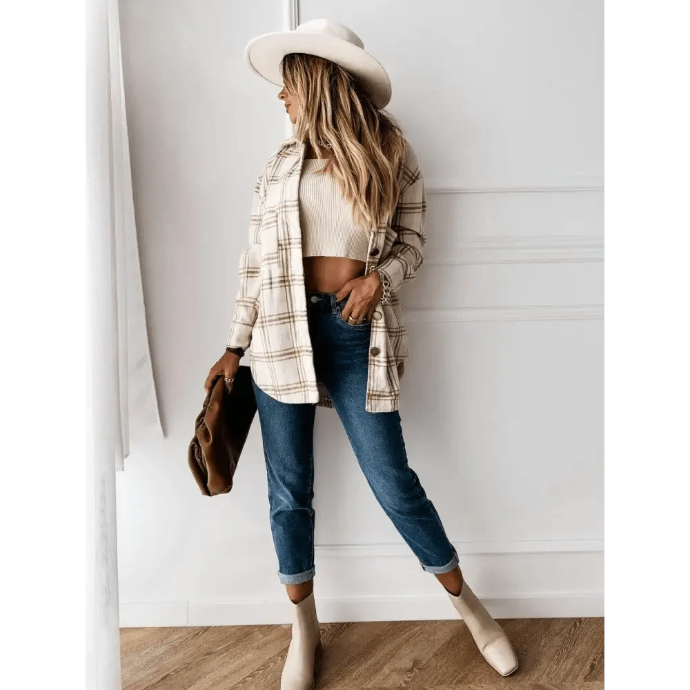 Manteau chemise à carreaux à manches longues pour femmes, luxueux et tendance, haut décontracté à revers, pour printemps et automne, cardigans, vestes, vêtements d'extérieur, streetwear