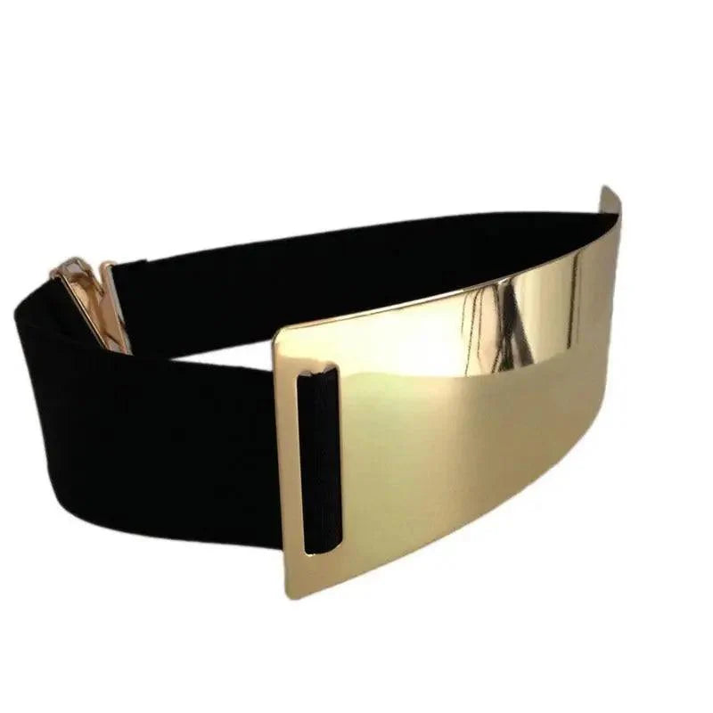 Ceintures élastiques larges dorées de luxe pour femmes, ceinture dorée unie en métal poli élégant, large ceinture noire pour femmes