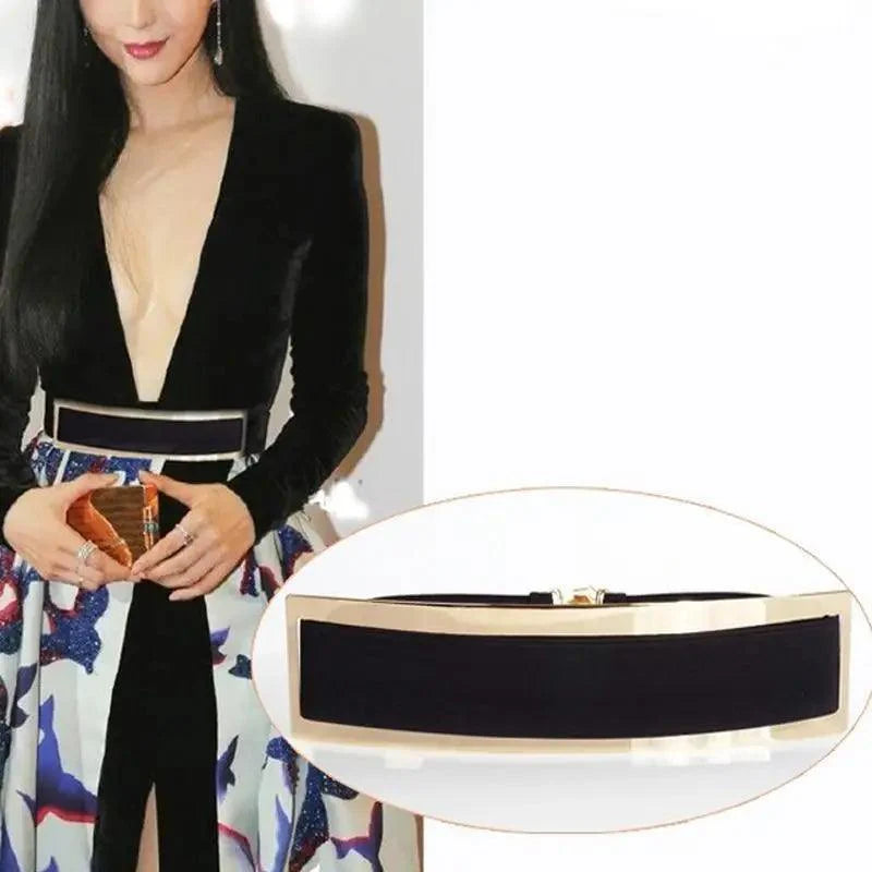Ceintures élastiques larges dorées de luxe pour femmes, ceinture dorée unie en métal poli élégant, large ceinture noire pour femmes