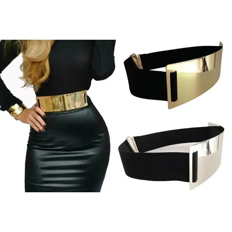 Ceintures élastiques larges dorées de luxe pour femmes, ceinture dorée unie en métal poli élégant, large ceinture noire pour femmes