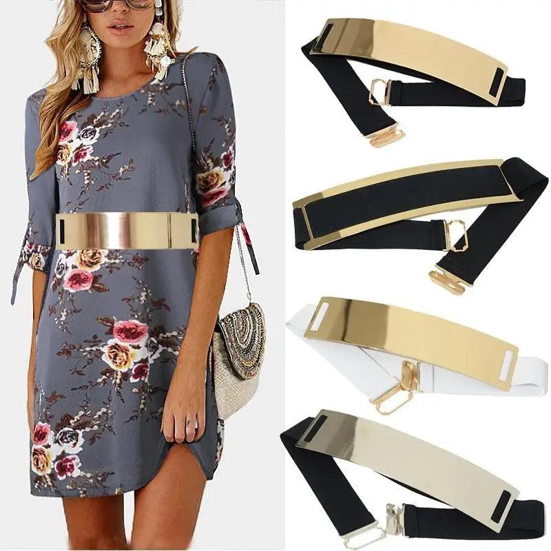 Ceintures élastiques larges dorées de luxe pour femmes, ceinture dorée unie en métal poli élégant, large ceinture noire pour femmes