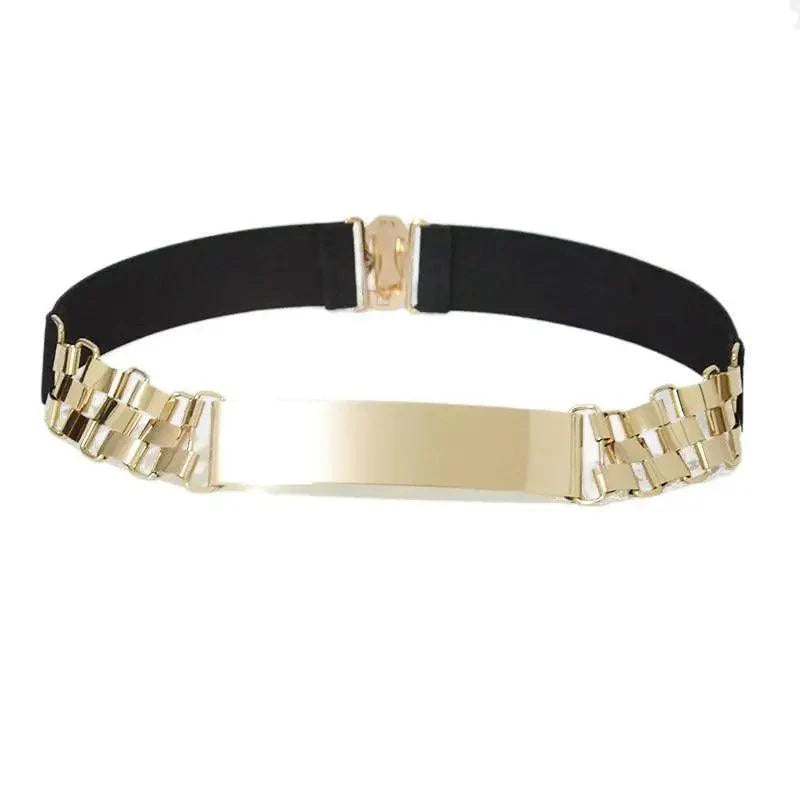 Ceintures élastiques larges dorées de luxe pour femmes, ceinture dorée unie en métal poli élégant, large ceinture noire pour femmes