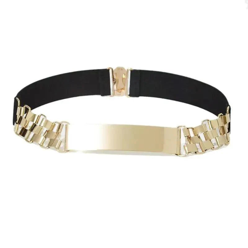 Ceintures élastiques larges dorées de luxe pour femmes, ceinture dorée unie en métal poli élégant, large ceinture noire pour femmes