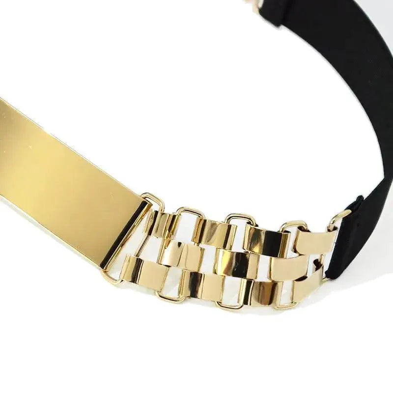 Ceintures élastiques larges dorées de luxe pour femmes, ceinture dorée unie en métal poli élégant, large ceinture noire pour femmes
