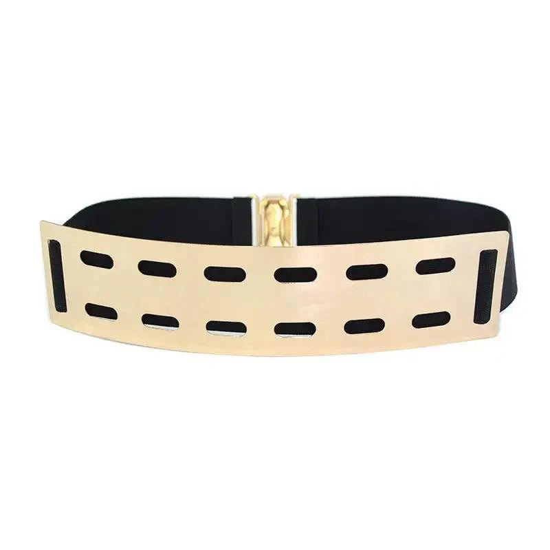 Ceintures élastiques larges dorées de luxe pour femmes, ceinture dorée unie en métal poli élégant, large ceinture noire pour femmes