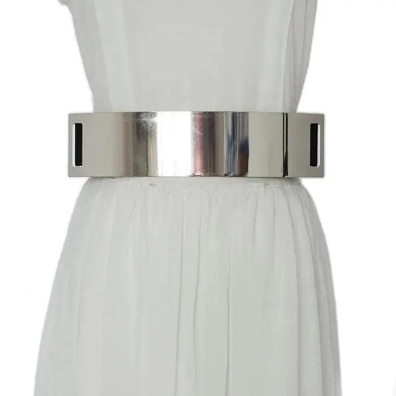 Ceintures élastiques larges dorées de luxe pour femmes, ceinture dorée unie en métal poli élégant, large ceinture noire pour femmes
