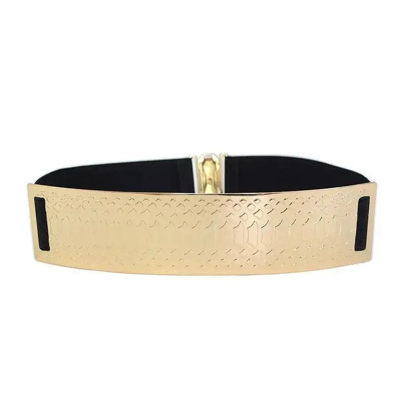 Ceintures élastiques larges dorées de luxe pour femmes, ceinture dorée unie en métal poli élégant, large ceinture noire pour femmes