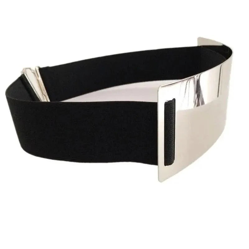 Ceintures élastiques larges dorées de luxe pour femmes, ceinture dorée unie en métal poli élégant, large ceinture noire pour femmes