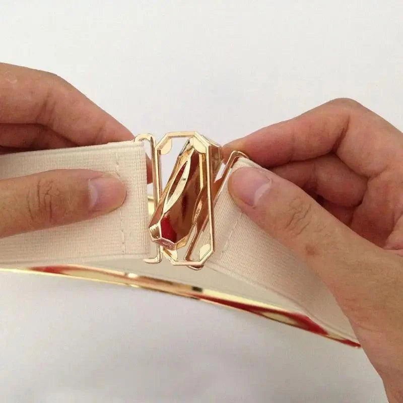 Ceintures élastiques larges dorées de luxe pour femmes, ceinture dorée unie en métal poli élégant, large ceinture noire pour femmes
