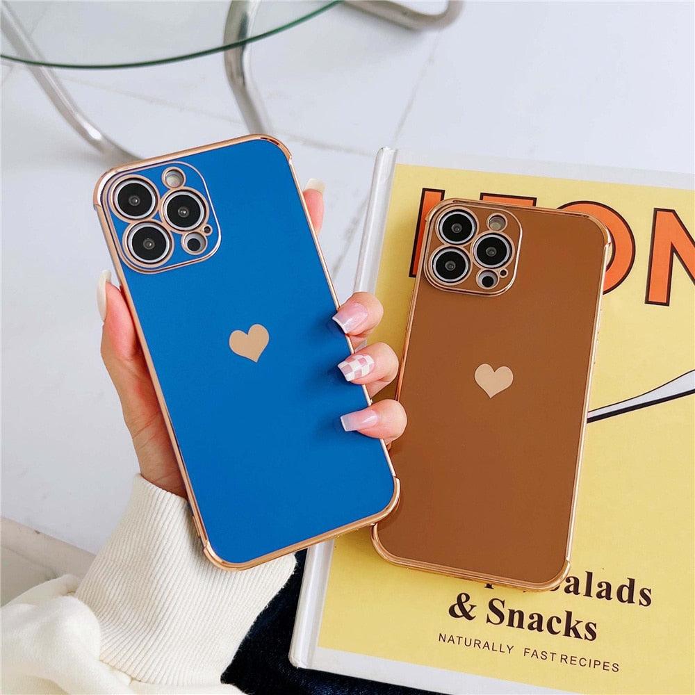 Étui de téléphone de luxe en silicone souple antichoc avec protection intégrale de l'objectif pour filles, étui de téléphone pour iPhone 14 13 12 Pro 12Mini, étui de téléphone antichoc élégant avec cœur d'amour pour femmes