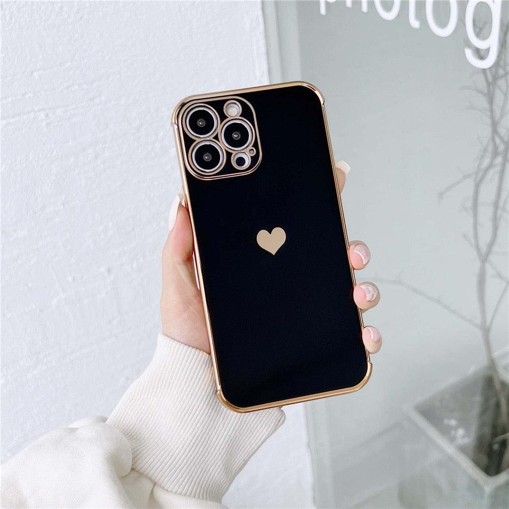 Étui de téléphone de luxe en silicone souple antichoc avec protection intégrale de l'objectif pour filles, étui de téléphone pour iPhone 14 13 12 Pro 12Mini, étui de téléphone antichoc élégant avec cœur d'amour pour femmes