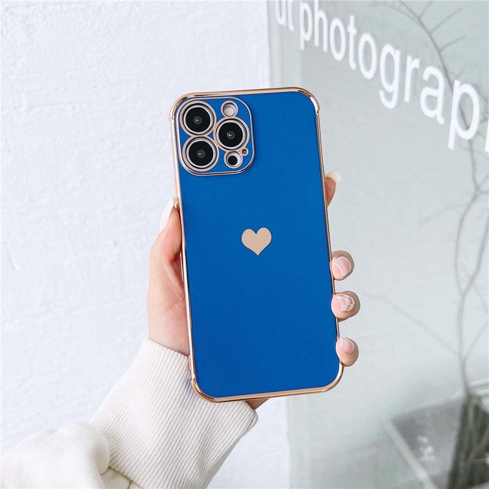 Étui de téléphone de luxe en silicone souple antichoc avec protection intégrale de l'objectif pour filles, étui de téléphone pour iPhone 14 13 12 Pro 12Mini, étui de téléphone antichoc élégant avec cœur d'amour pour femmes