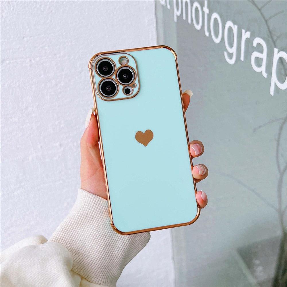 Étui de téléphone de luxe en silicone souple antichoc avec protection intégrale de l'objectif pour filles, étui de téléphone pour iPhone 14 13 12 Pro 12Mini, étui de téléphone antichoc élégant avec cœur d'amour pour femmes