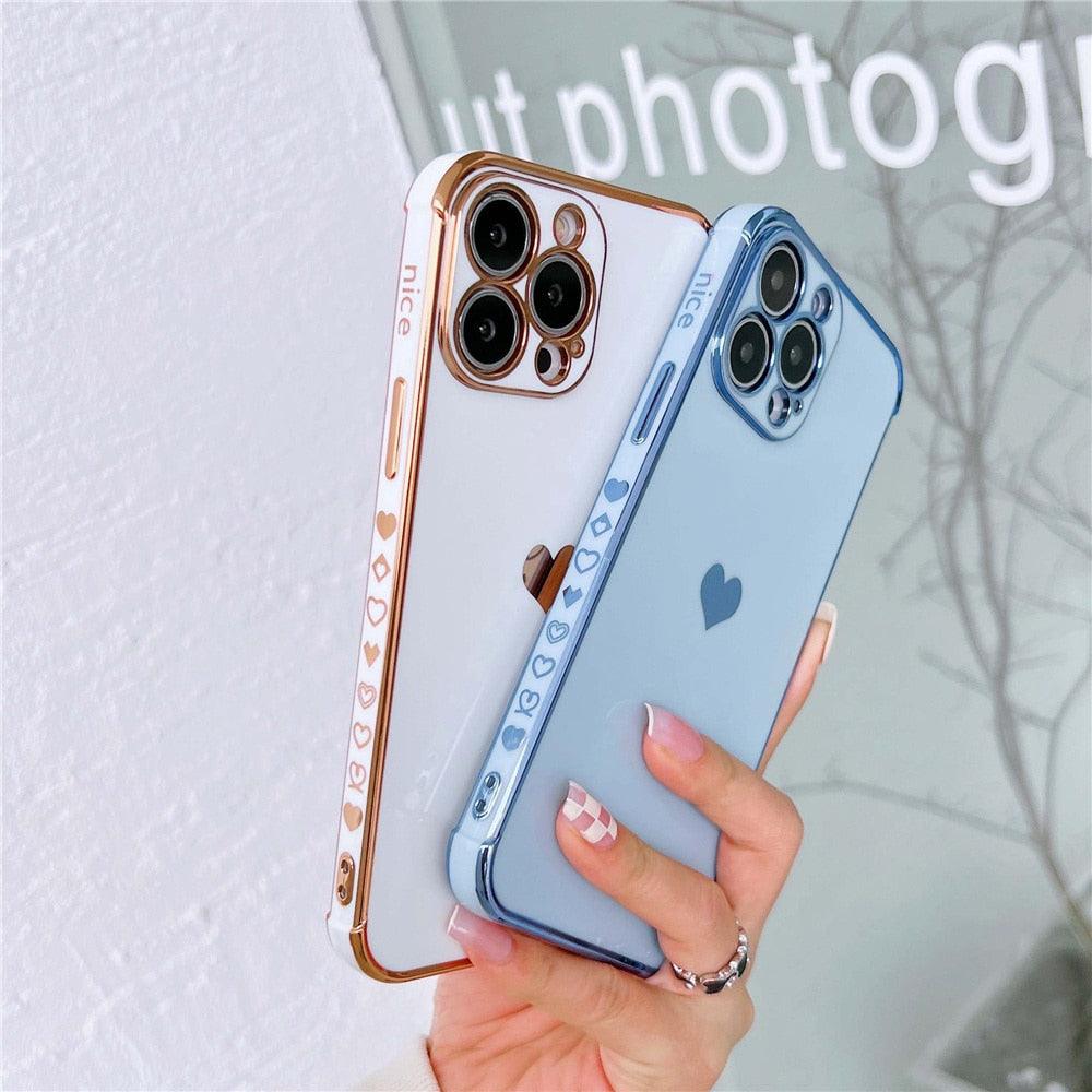 Étui de téléphone de luxe en silicone souple antichoc avec protection intégrale de l'objectif pour filles, étui de téléphone pour iPhone 14 13 12 Pro 12Mini, étui de téléphone antichoc élégant avec cœur d'amour pour femmes