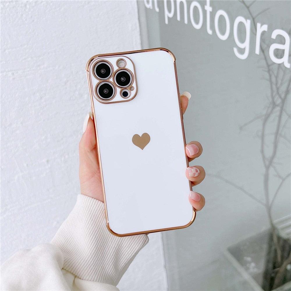 Étui de téléphone de luxe en silicone souple antichoc avec protection intégrale de l'objectif pour filles, étui de téléphone pour iPhone 14 13 12 Pro 12Mini, étui de téléphone antichoc élégant avec cœur d'amour pour femmes