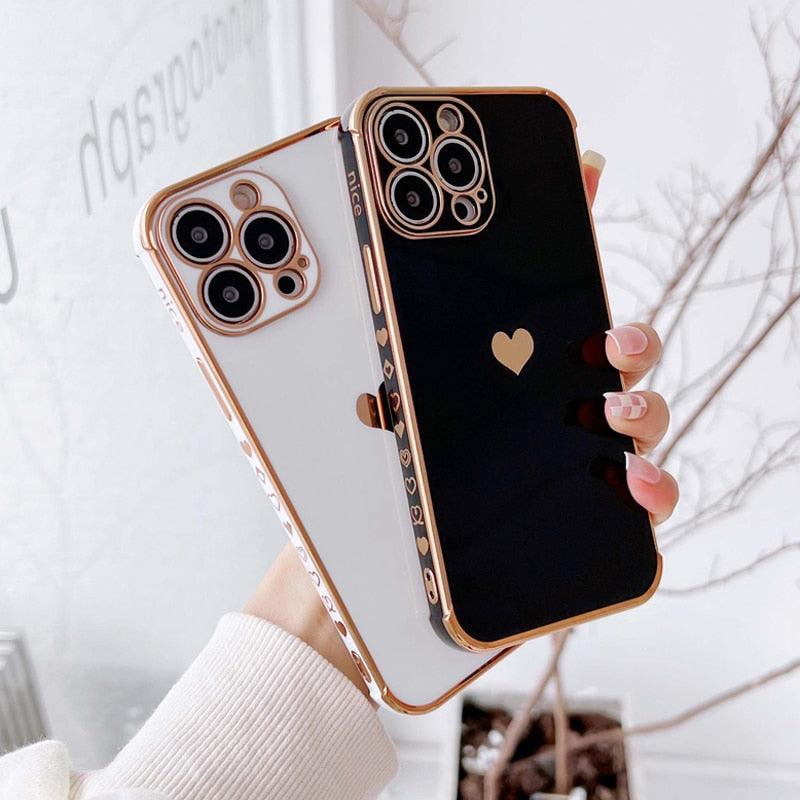 Étui de téléphone de luxe en silicone souple antichoc avec protection intégrale de l'objectif pour filles, étui de téléphone pour iPhone 14 13 12 Pro 12Mini, étui de téléphone antichoc élégant avec cœur d'amour pour femmes