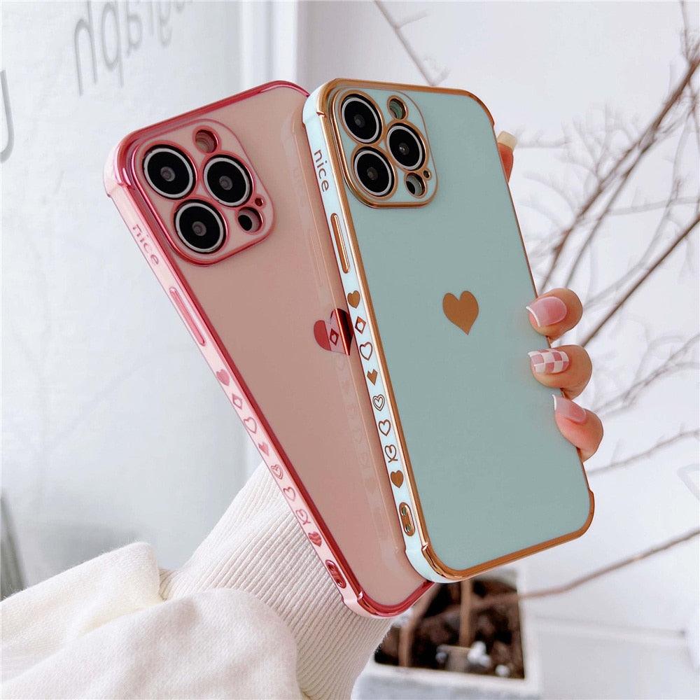 Étui de téléphone de luxe en silicone souple antichoc avec protection intégrale de l'objectif pour filles, étui de téléphone pour iPhone 14 13 12 Pro 12Mini, étui de téléphone antichoc élégant avec cœur d'amour pour femmes