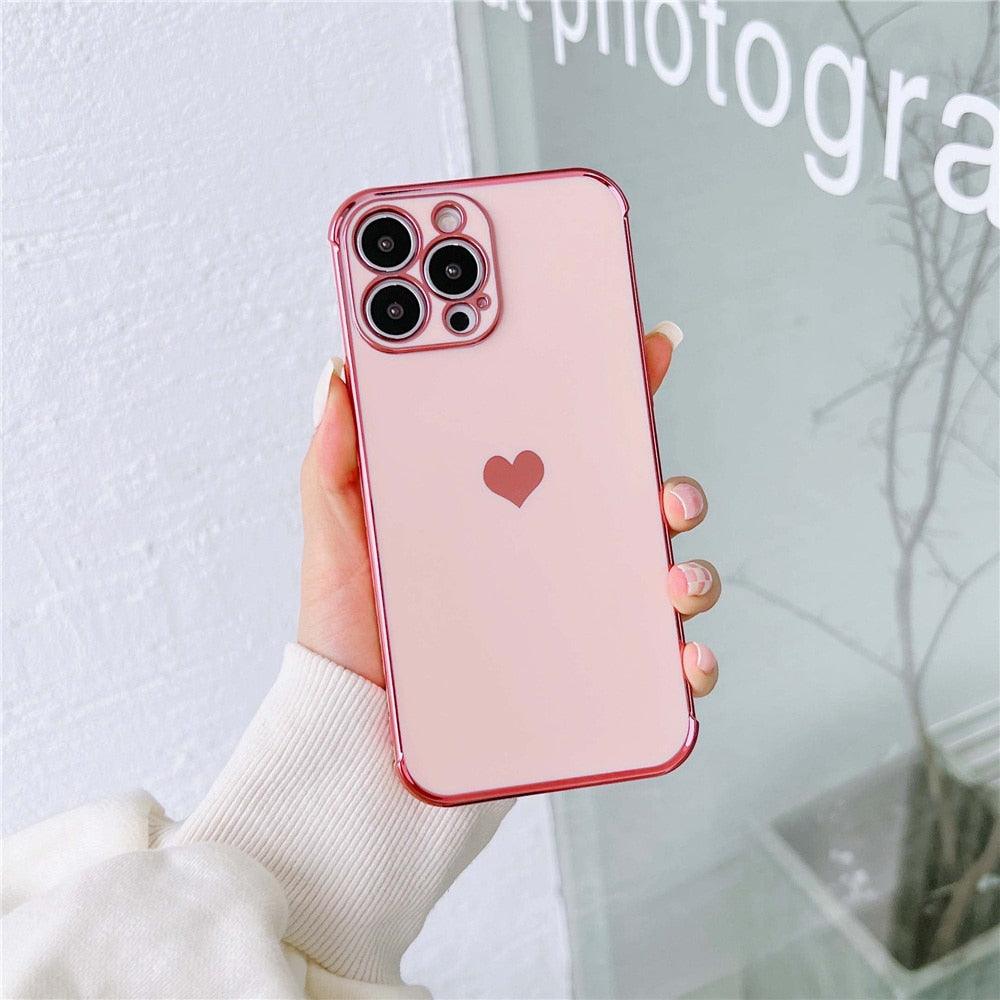 Étui de téléphone de luxe en silicone souple antichoc avec protection intégrale de l'objectif pour filles, étui de téléphone pour iPhone 14 13 12 Pro 12Mini, étui de téléphone antichoc élégant avec cœur d'amour pour femmes
