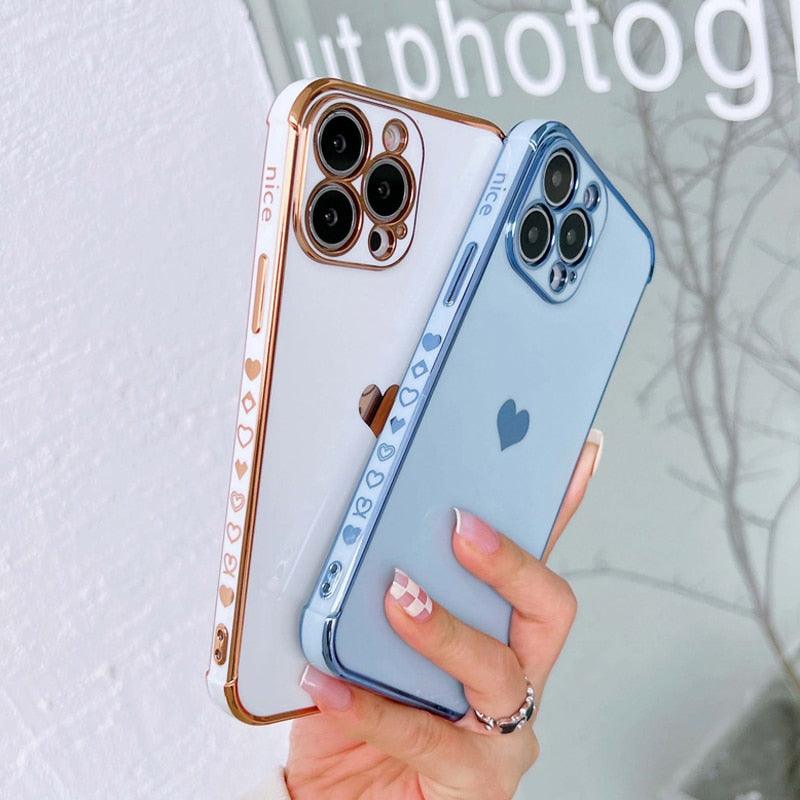 Étui de téléphone de luxe en silicone souple antichoc avec protection intégrale de l'objectif pour filles, étui de téléphone pour iPhone 14 13 12 Pro 12Mini, étui de téléphone antichoc élégant avec cœur d'amour pour femmes