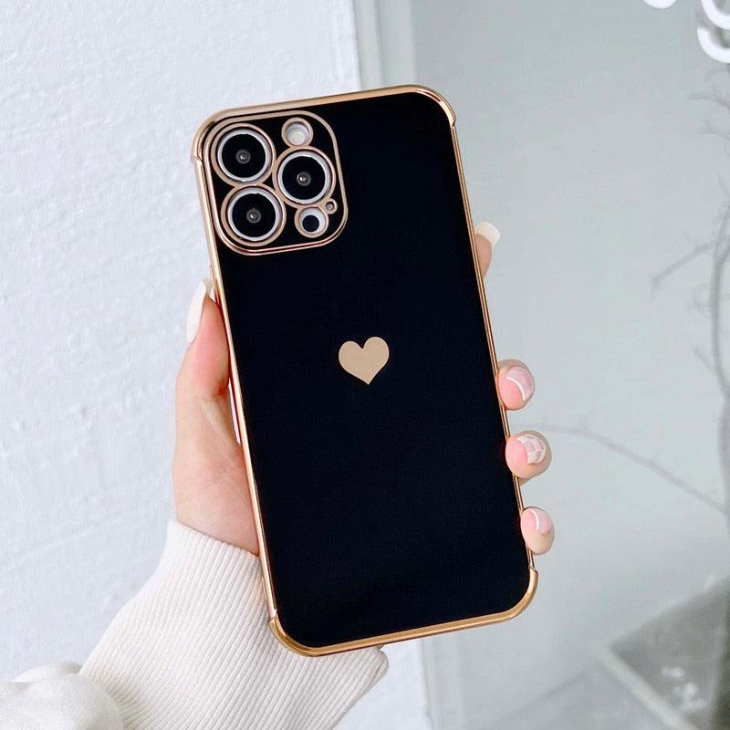 Étui de téléphone de luxe en silicone souple antichoc avec protection intégrale de l'objectif pour filles, étui de téléphone pour iPhone 14 13 12 Pro 12Mini, étui de téléphone antichoc élégant avec cœur d'amour pour femmes