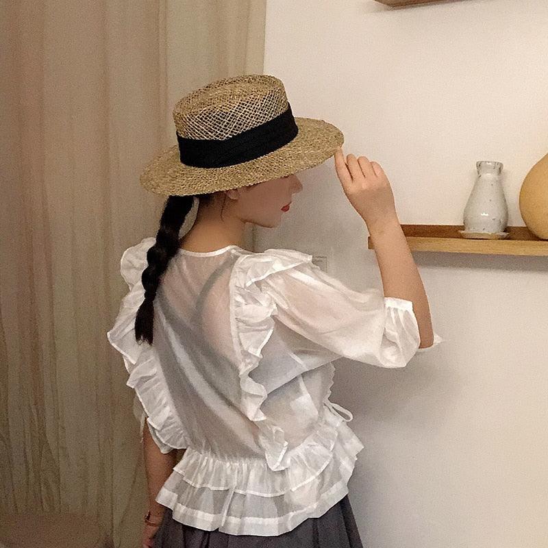 Nouveau chapeau de plage en paille fait main de luxe pour femmes, chapeau d'été de luxe, casquette de mode en paille, chapeaux plats de protection solaire, beau design unique 55-60cm