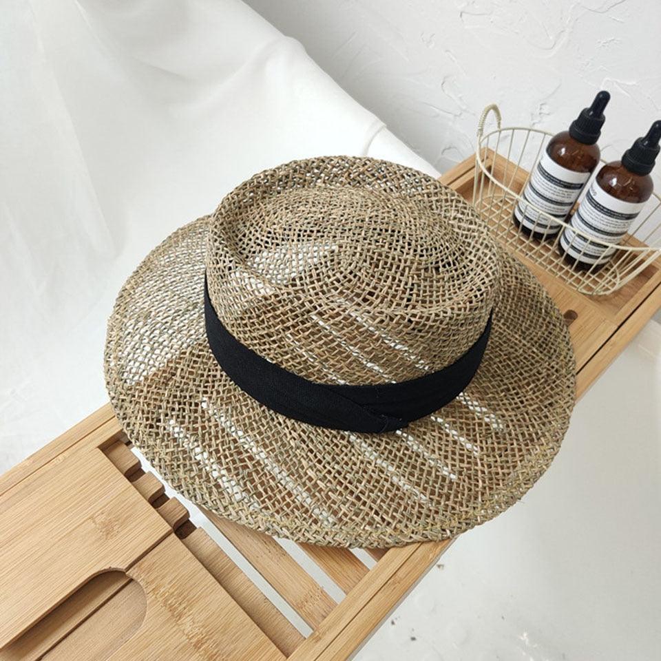 Nouveau chapeau de plage en paille fait main de luxe pour femmes, chapeau d'été de luxe, casquette de mode en paille, chapeaux plats de protection solaire, beau design unique 55-60cm