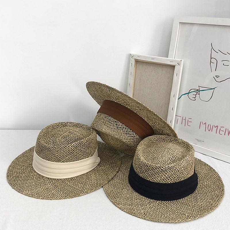 Nouveau chapeau de plage en paille fait main de luxe pour femmes, chapeau d'été de luxe, casquette de mode en paille, chapeaux plats de protection solaire, beau design unique 55-60cm