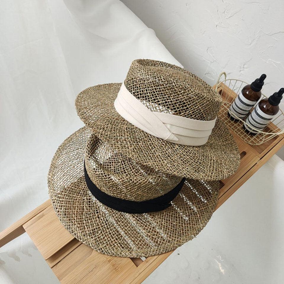 Nouveau chapeau de plage en paille fait main de luxe pour femmes, chapeau d'été de luxe, casquette de mode en paille, chapeaux plats de protection solaire, beau design unique 55-60cm