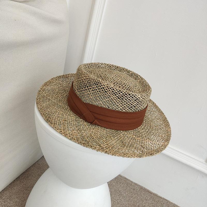 Nouveau chapeau de plage en paille fait main de luxe pour femmes, chapeau d'été de luxe, casquette de mode en paille, chapeaux plats de protection solaire, beau design unique 55-60cm