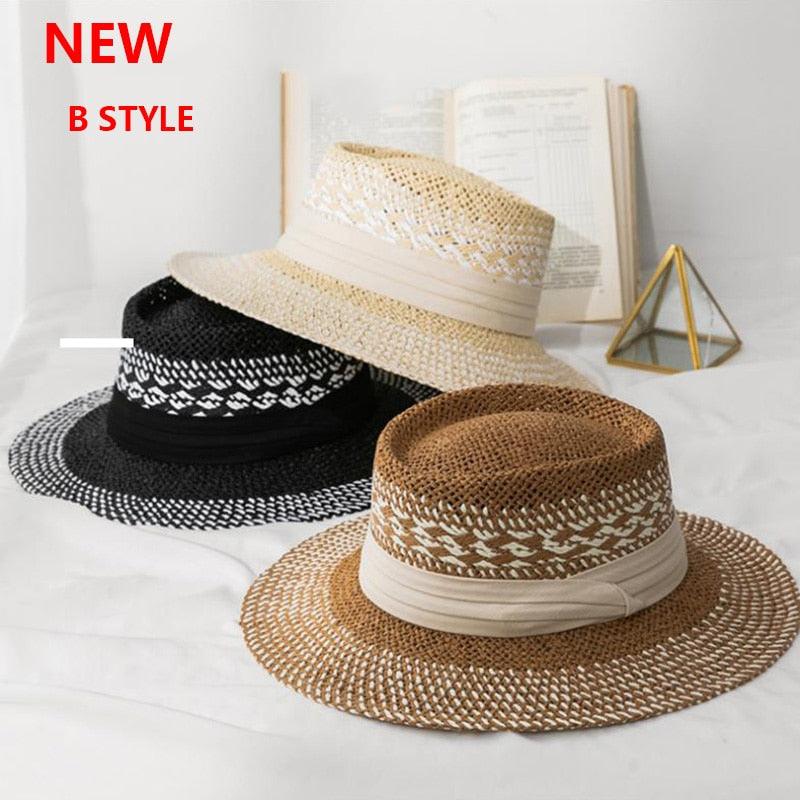 Nouveau chapeau de plage en paille fait main de luxe pour femmes, chapeau d'été de luxe, casquette de mode en paille, chapeaux plats de protection solaire, beau design unique 55-60cm
