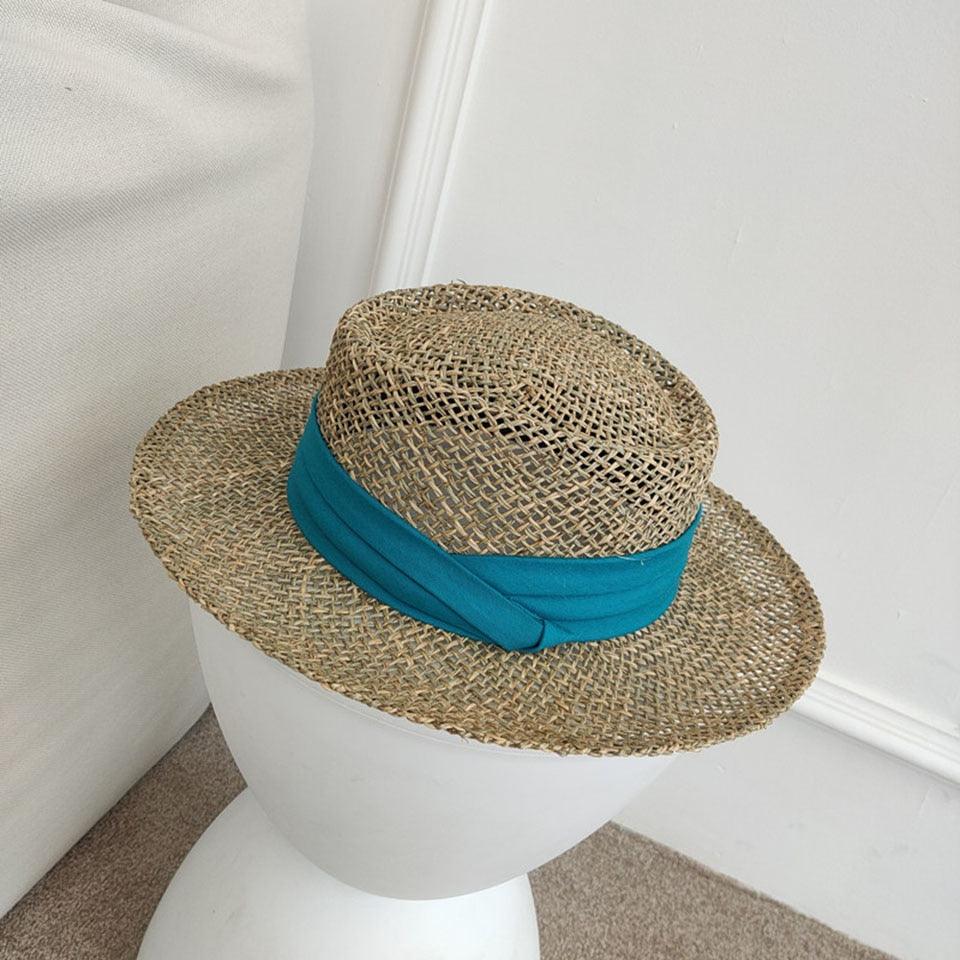 Nouveau chapeau de plage en paille fait main de luxe pour femmes, chapeau d'été de luxe, casquette de mode en paille, chapeaux plats de protection solaire, beau design unique 55-60cm
