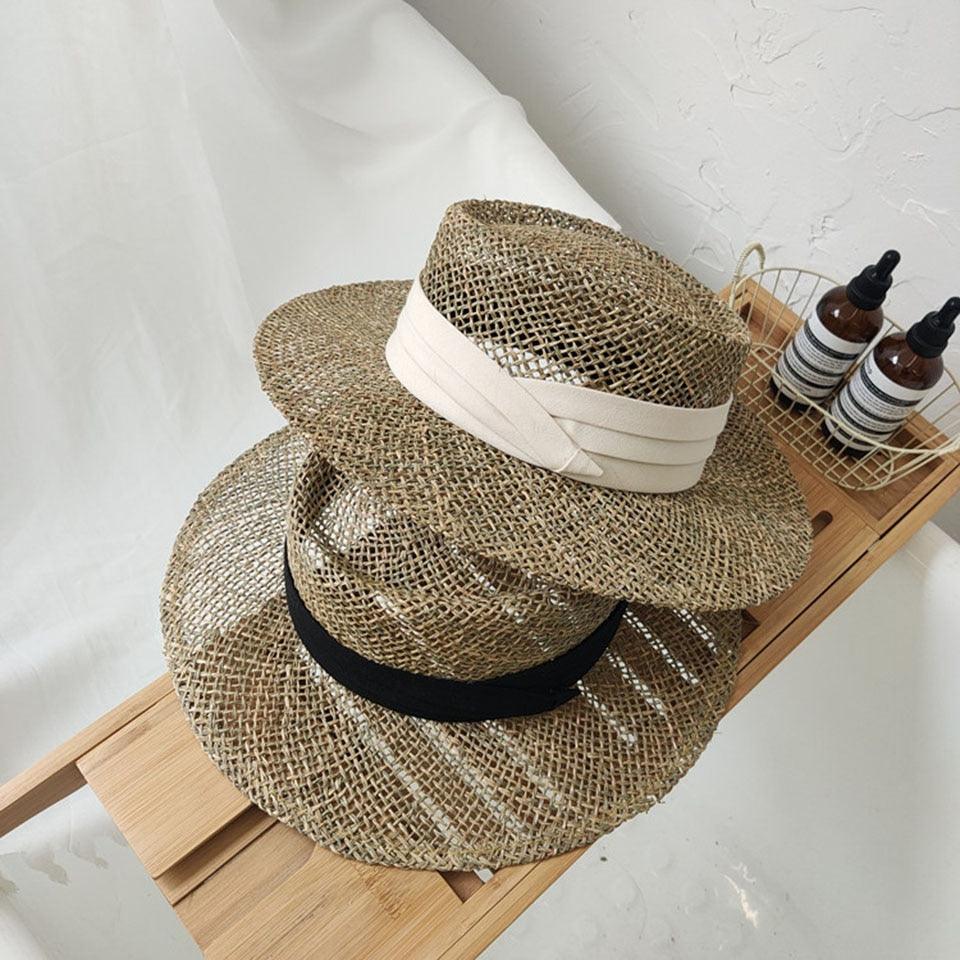 Nouveau chapeau de plage en paille fait main de luxe pour femmes, chapeau d'été de luxe, casquette de mode en paille, chapeaux plats de protection solaire, beau design unique 55-60cm