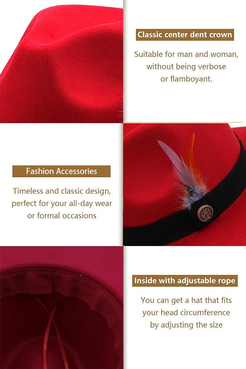 Chapeaux de Couple Uniques de Luxe Chapeau Fedora à Bord Large Chapeau Fedora Tendance Hiver Automne Chapeau de Mariage Noir Rouge Femme avec Ceintures en Plumes pour Chapeaux Hommes Magnifique Chapeau Classique Élégant Gentleman