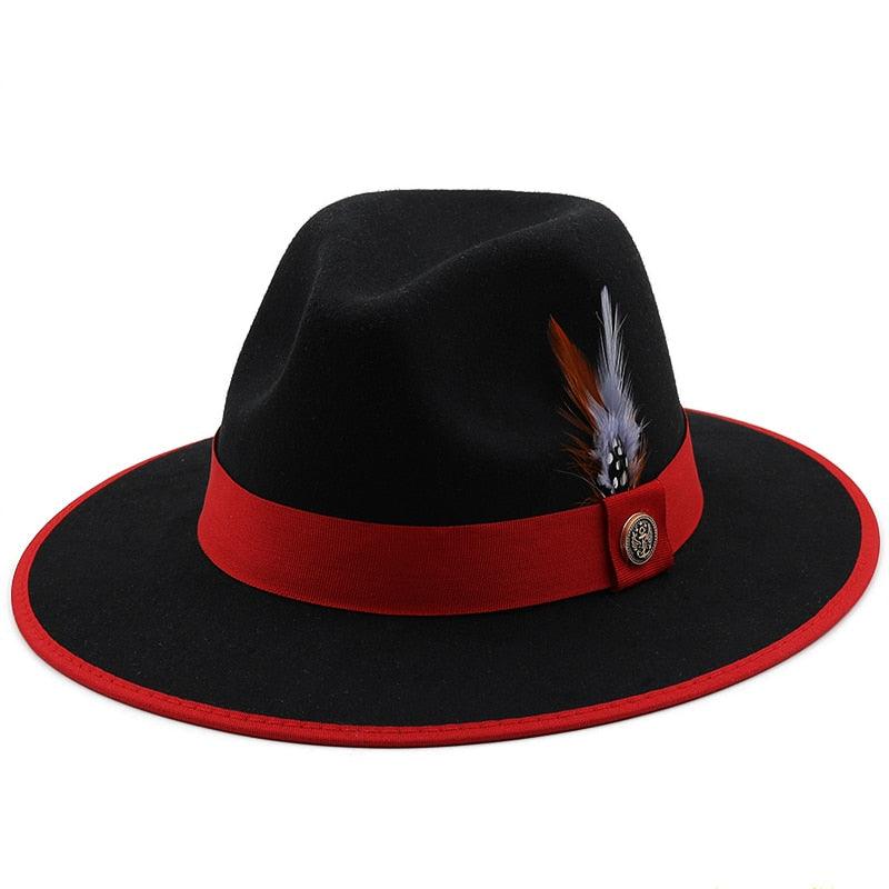 Chapeaux de Couple Uniques de Luxe Chapeau Fedora à Bord Large Chapeau Fedora Tendance Hiver Automne Chapeau de Mariage Noir Rouge Femme avec Ceintures en Plumes pour Chapeaux Hommes Magnifique Chapeau Classique Élégant Gentleman