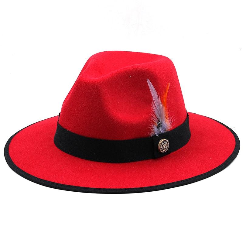 Chapeaux de Couple Uniques de Luxe Chapeau Fedora à Bord Large Chapeau Fedora Tendance Hiver Automne Chapeau de Mariage Noir Rouge Femme avec Ceintures en Plumes pour Chapeaux Hommes Magnifique Chapeau Classique Élégant Gentleman
