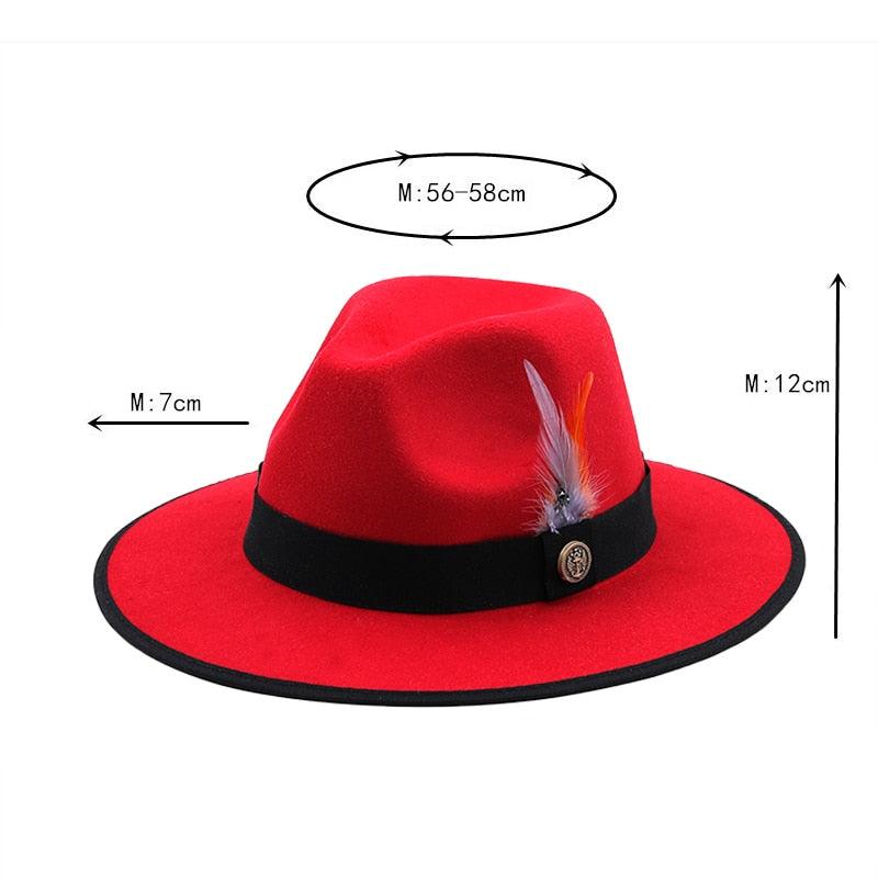 Chapeaux de Couple Uniques de Luxe Chapeau Fedora à Bord Large Chapeau Fedora Tendance Hiver Automne Chapeau de Mariage Noir Rouge Femme avec Ceintures en Plumes pour Chapeaux Hommes Magnifique Chapeau Classique Élégant Gentleman