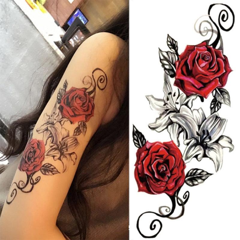 Tatouage Éphémère Luxe Coloré Noir Femme Fleur Imperméable Élégant Moderne Pour Épaule