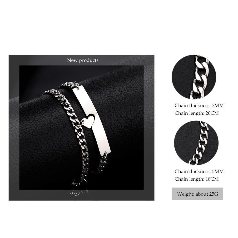 Bracelet de luxe en forme de cœur pour couples - Chaîne en acier inoxydable pour hommes et femmes - Bijou tendance en acier inoxydable - Bracelet ajustable à maillons cubains de couleur argentée