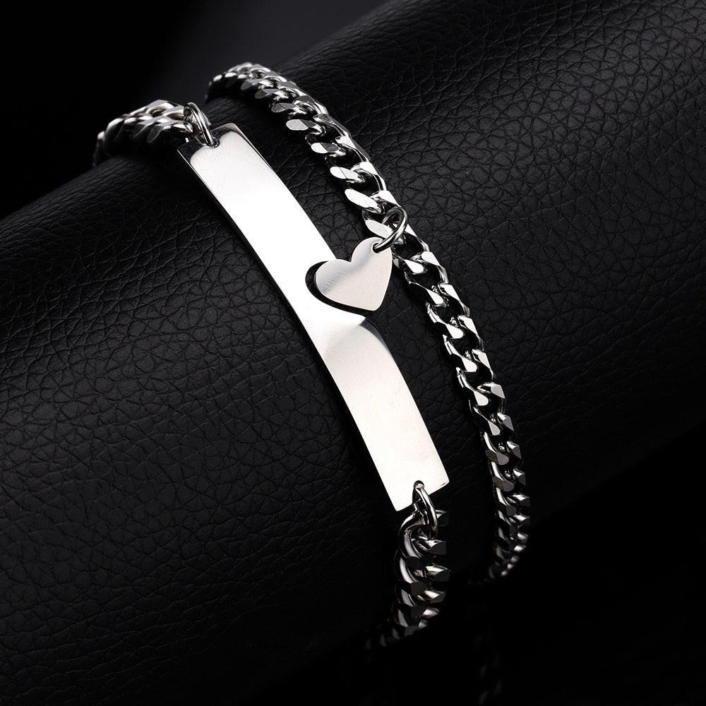 Bracelet de luxe en forme de cœur pour couples - Chaîne en acier inoxydable pour hommes et femmes - Bijou tendance en acier inoxydable - Bracelet ajustable à maillons cubains de couleur argentée