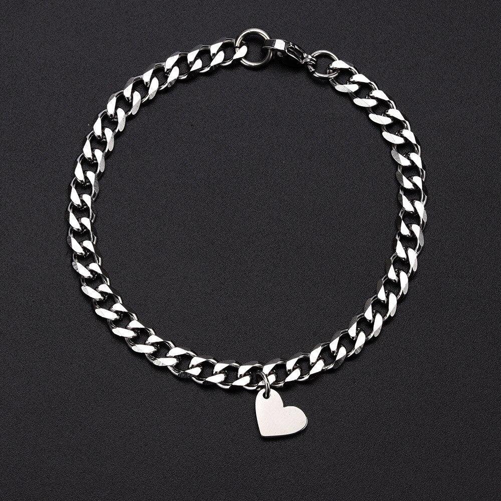 Bracelet de luxe en forme de cœur pour couples - Chaîne en acier inoxydable pour hommes et femmes - Bijou tendance en acier inoxydable - Bracelet ajustable à maillons cubains de couleur argentée