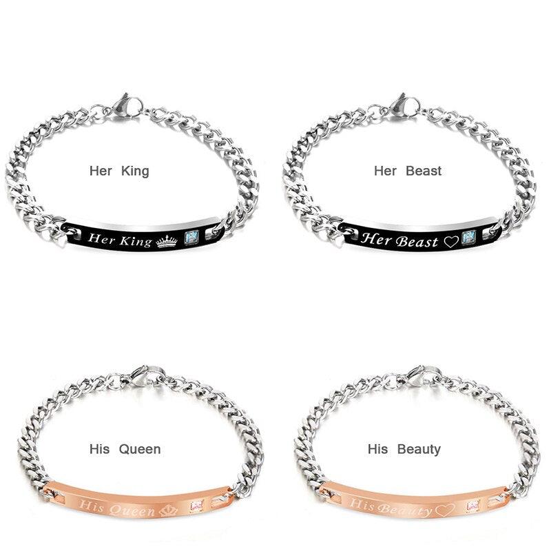 Bracelet Luxe Couple Titane Acier Alliage Roi Reine Pendentif Alliage Lettre Amant Bracelet Attraction Distance Relation Couple Bracelet Pour Hommes Femmes Bracelets Assortis Chaîne Maillons Élégants Bracelets