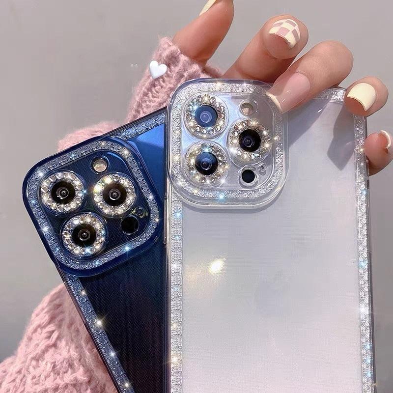Coque de protection transparente avec strass en cristal de luxe pour iPhone 13 12 11 Pro Max X XR XS 8Plus, antichoc, en silicone souple et fine.