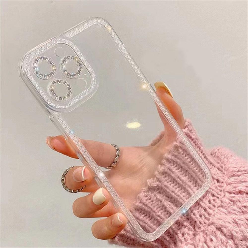 Coque de protection transparente avec strass en cristal de luxe pour iPhone 13 12 11 Pro Max X XR XS 8Plus, antichoc, en silicone souple et fine.
